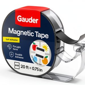 GAUDER Magnetic Tape Dispenser - Self-Adhesive Magnetic Strips for Lightweight Objects - Cuttable Magnet Tape Roll for Attaching Postcards & Photos to Metal Surfaces (20 ft x 0.75")-0