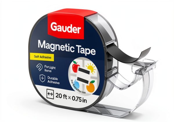 GAUDER Magnetic Tape Dispenser - Self-Adhesive Magnetic Strips for Lightweight Objects - Cuttable Magnet Tape Roll for Attaching Postcards & Photos to Metal Surfaces (20 ft x 0.75")-0